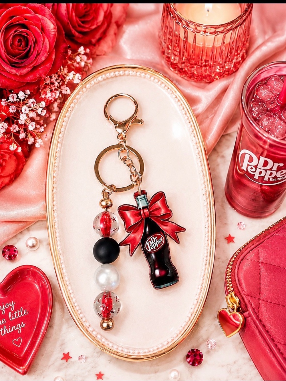 Handmade Dr Pepper inspired Bottle Charm with Red bow Keychain with Bead Accents